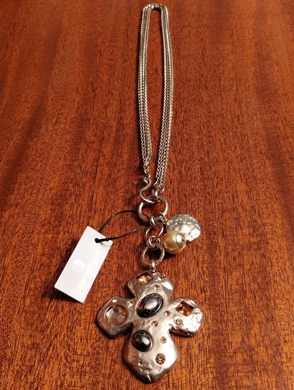 🆕 Chico's Soft Gold-Tone Cross Pendant Necklace with Amber & Pearl Accents